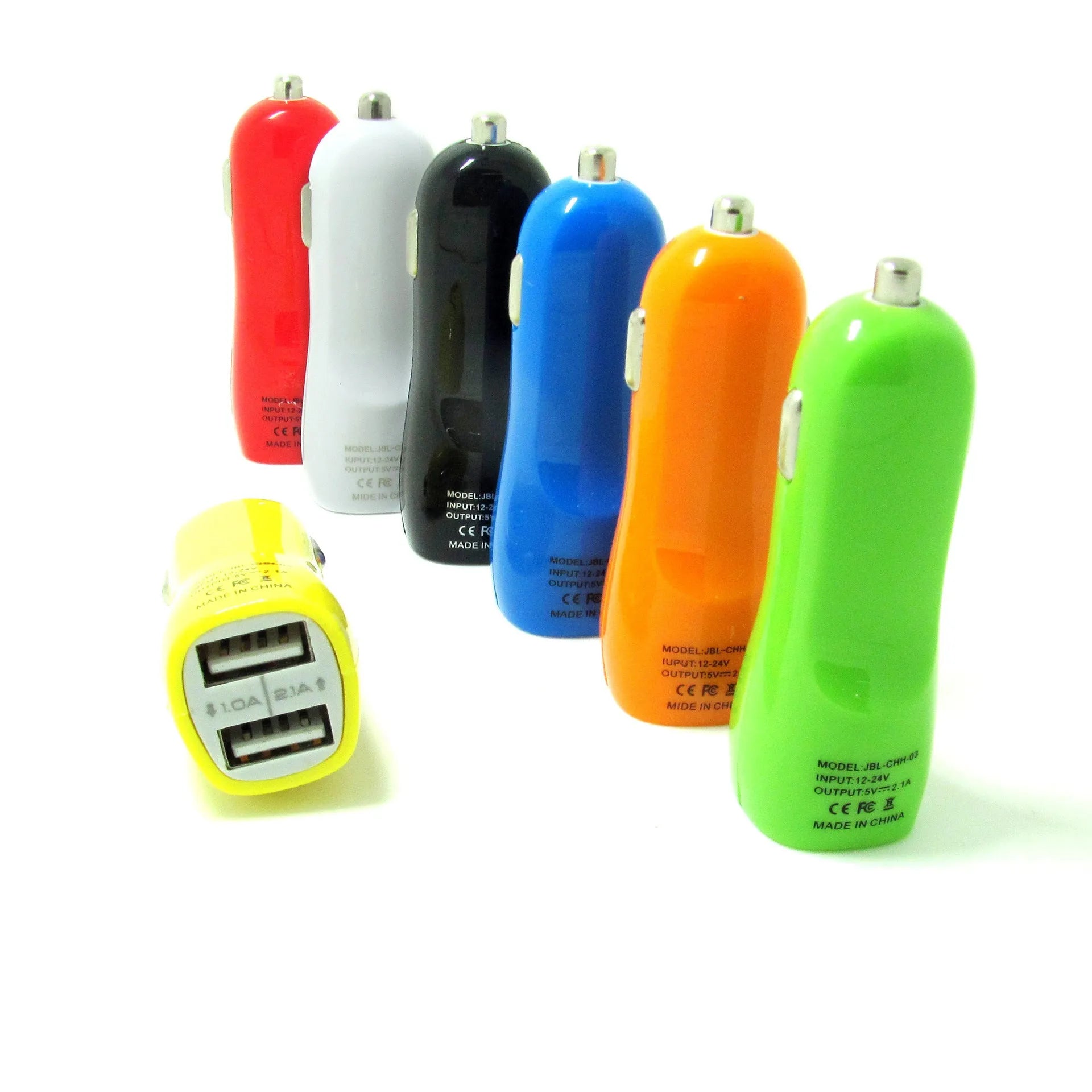 Duckbill dual USB car charger with blue LED indicator light showing dimensions 60x42x42mm
