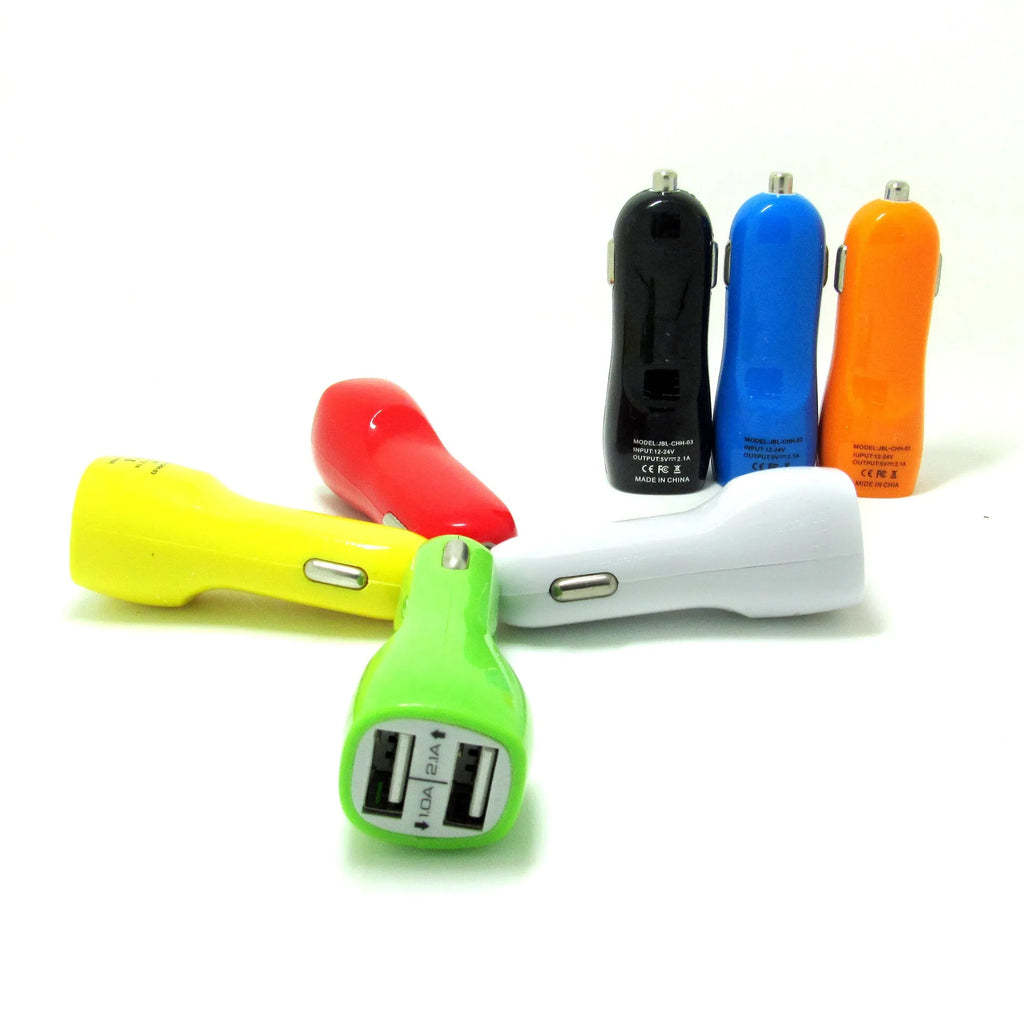 Duckbill dual USB car charger with blue LED indicator light showing dimensions 60x42x42mm