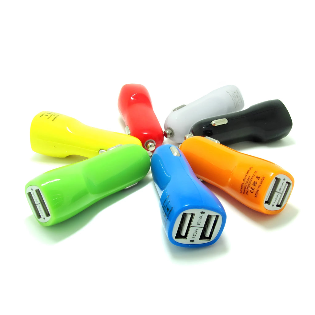 Duckbill dual USB car charger with blue LED indicator light showing dimensions 60x42x42mm