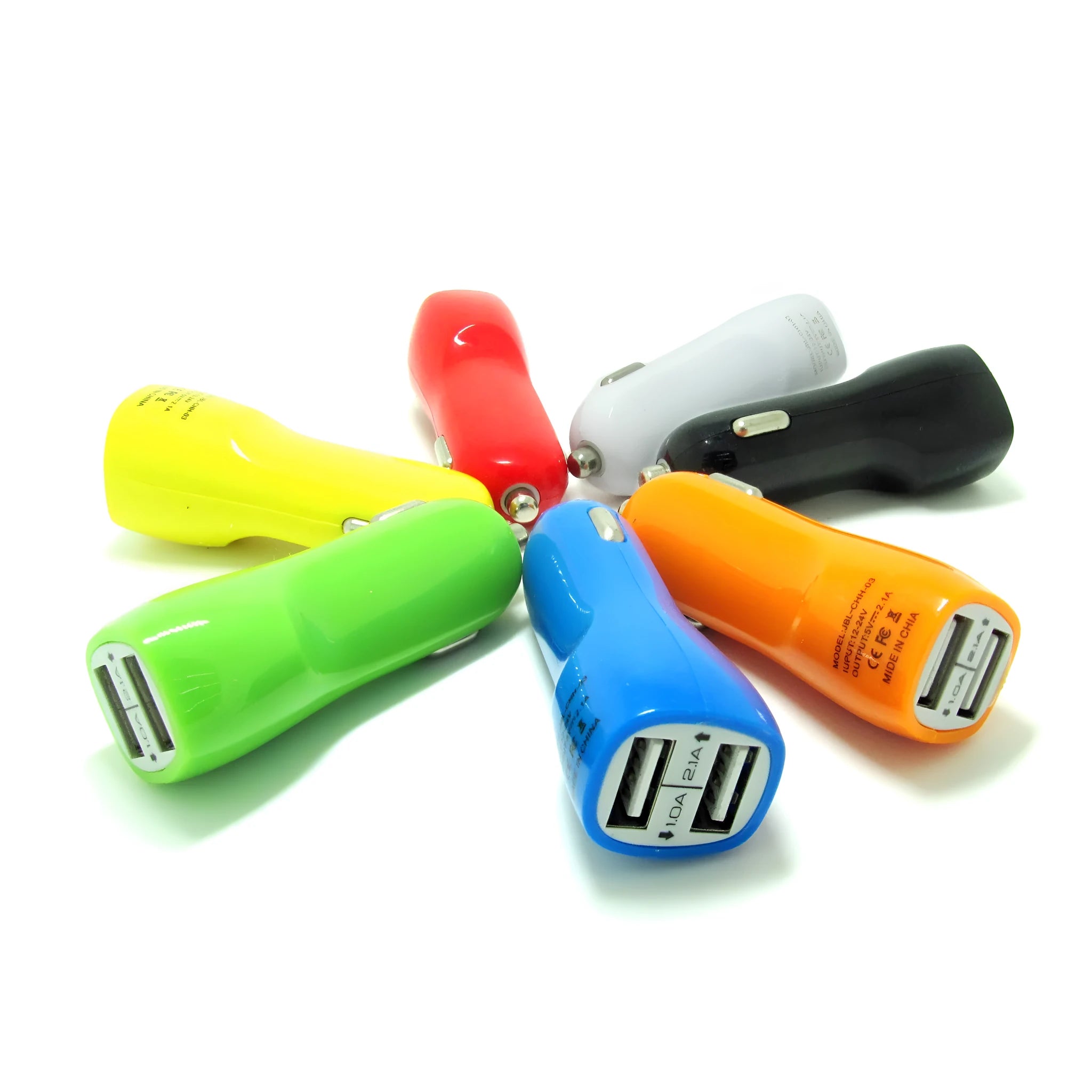 Duckbill dual USB car charger with blue LED indicator light showing dimensions 60x42x42mm