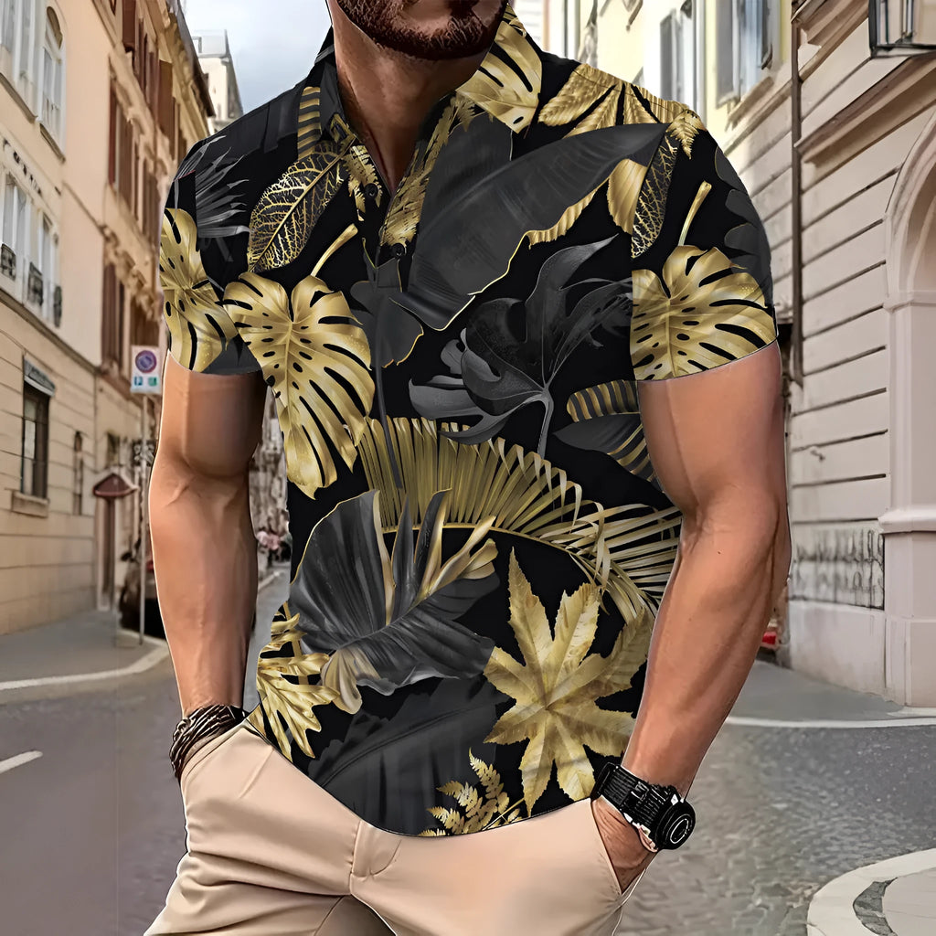 Men's gold shirt with tropical plant pattern print and short sleeves
