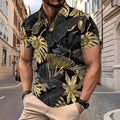 Men's gold shirt with tropical plant pattern print and short sleeves