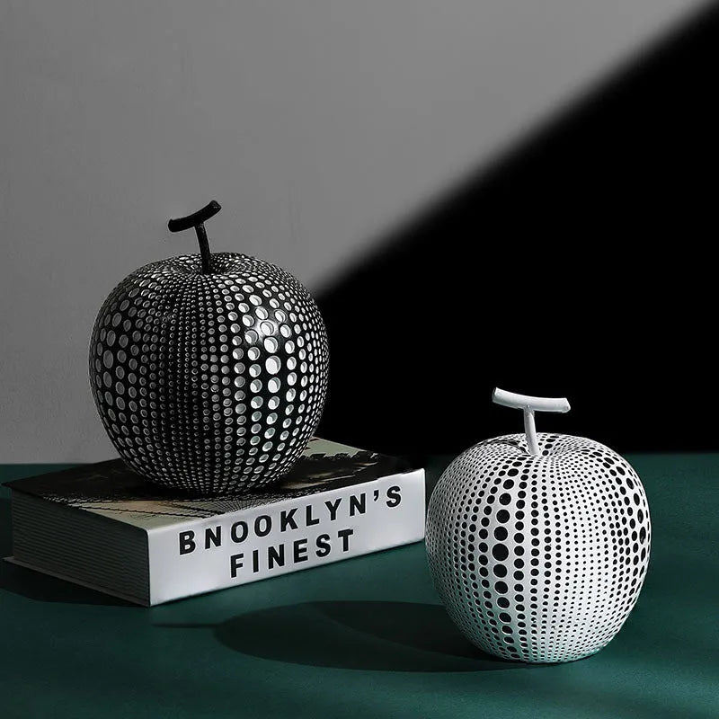 Resin decorative apples and pears in white, orange, black and blue colour options