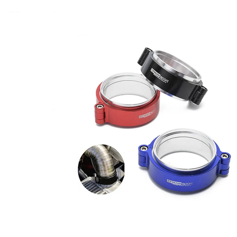 Aluminium exhaust clamp for car modification in black, blue or red colours