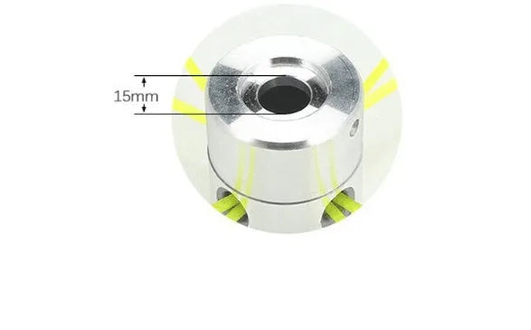 Silver aluminium lawn mower trimmer head with light yellow square grass strings and a wrench