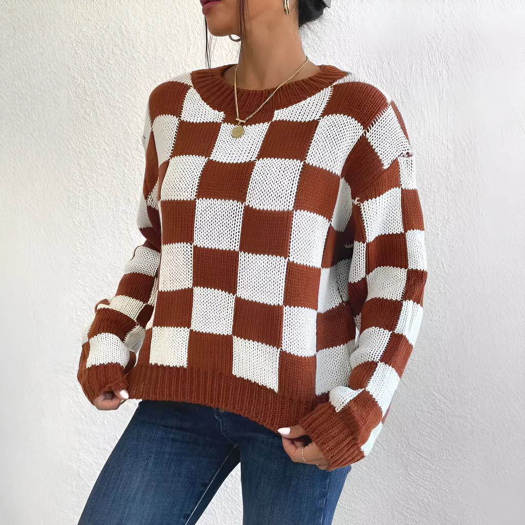 Dark brown acrylic plaid sweater with chessboard pattern, loose fit round neck, long sleeves