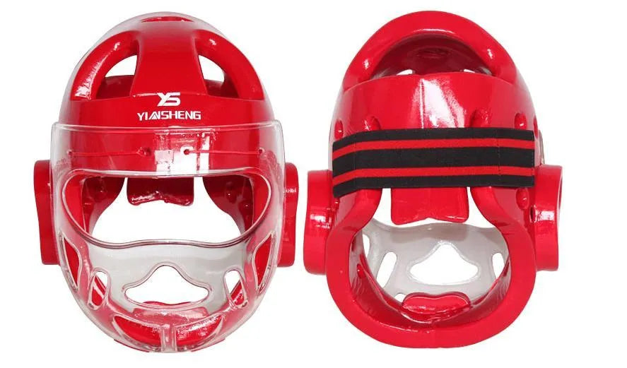 Karate training helmet for head protection, shown in blue colour.
