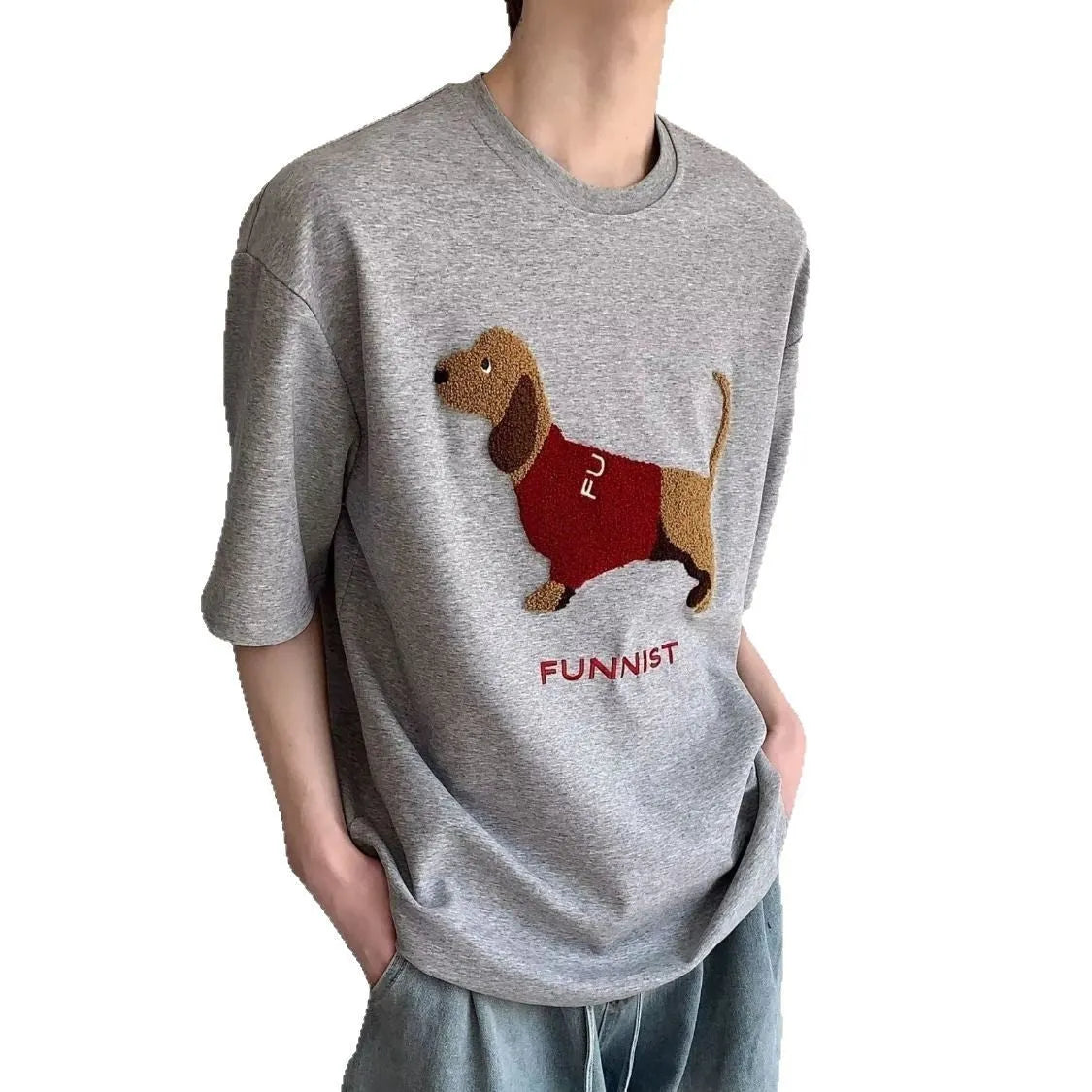 Men's grey t-shirt with embroidered sausage dog design on front