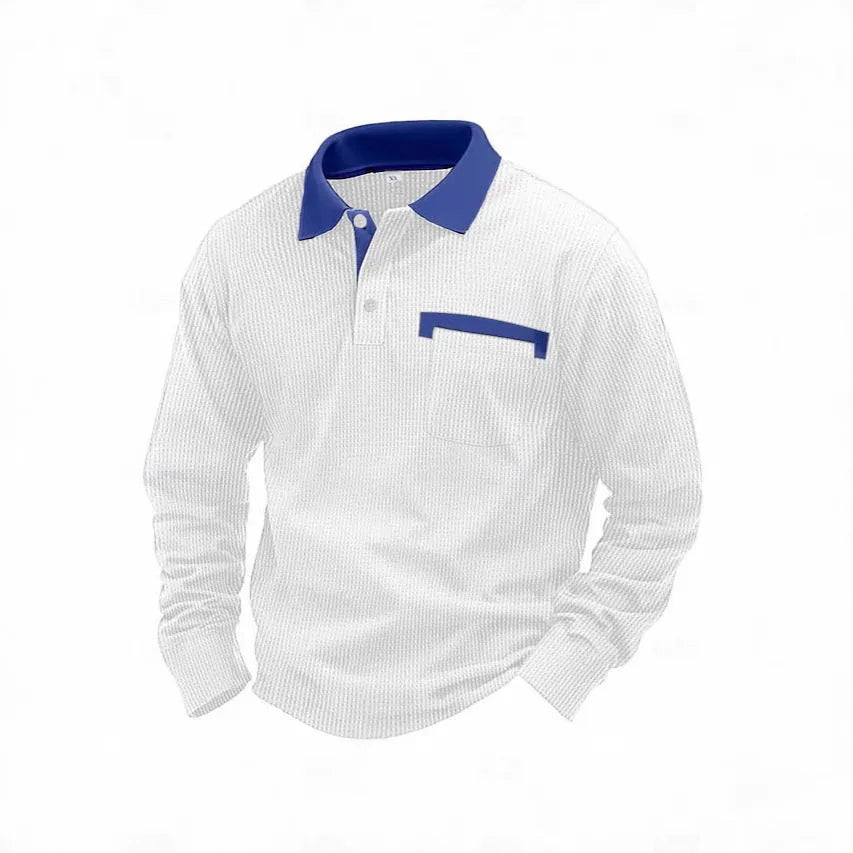 Men's loose fit long-sleeved waffle knit polo shirt in asymmetric American retro style