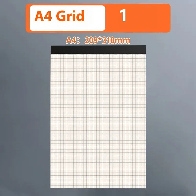 A5, B5, and A4 writing pads showing horizontal line, grid, and blank ruling options with 80 wood-free paper sheets