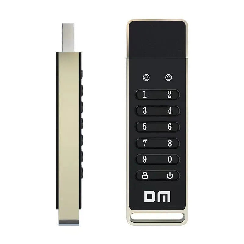 Fingerprint encrypted USB 3.0 flash drive with metal casing showing biometric sensor and 64GB capacity
