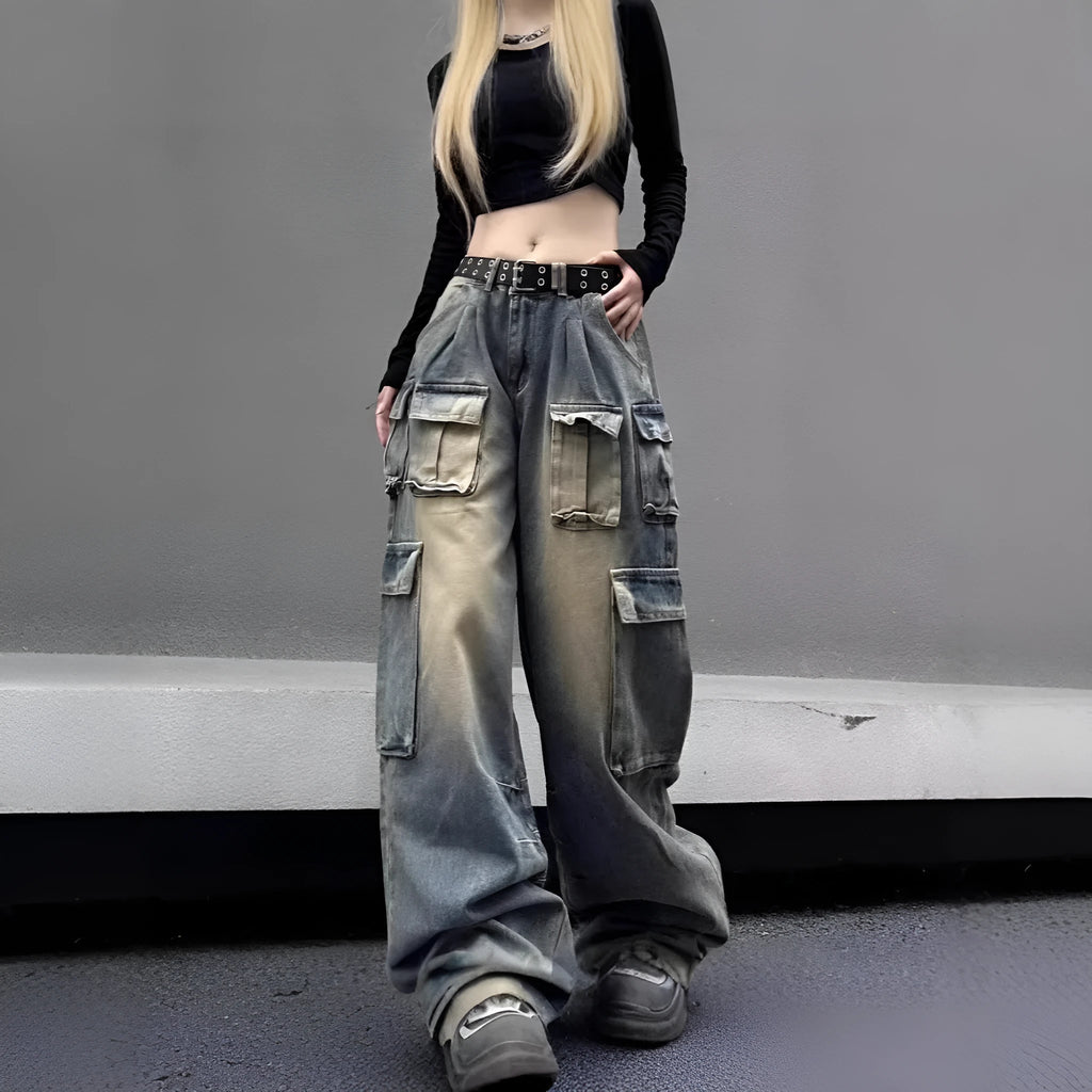 Loose fit multi-pocket distressed denim jeans in light blue colour with street hipster styling