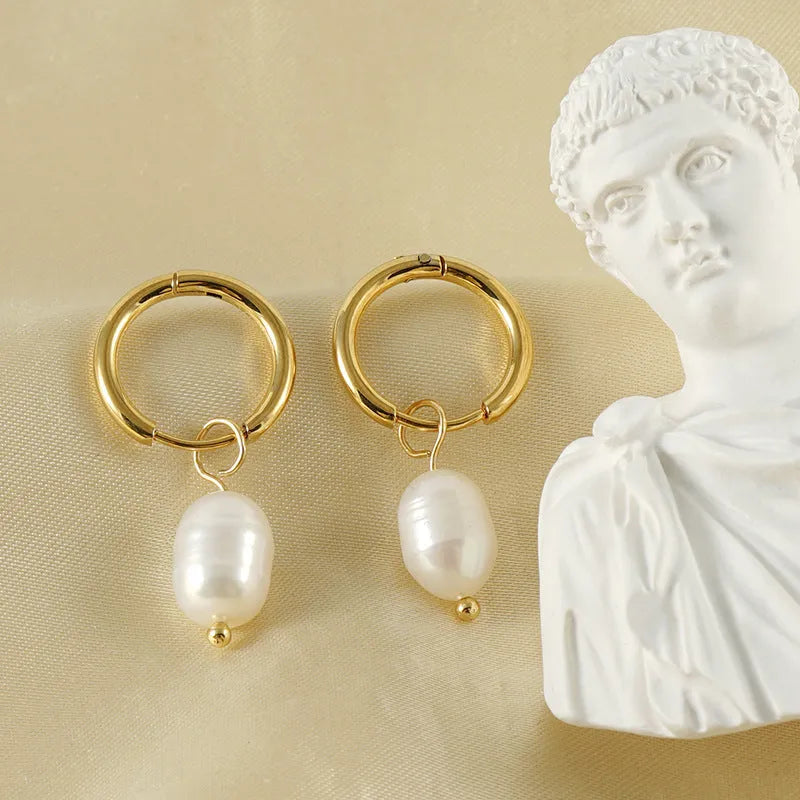 Gold geometric women's earrings with synthetic pearl centre and titanium steel electroplated finish