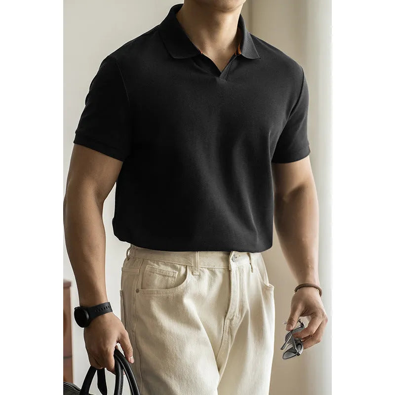 Blue short-sleeved casual polo shirt on a hanger showing the collar and button placket.