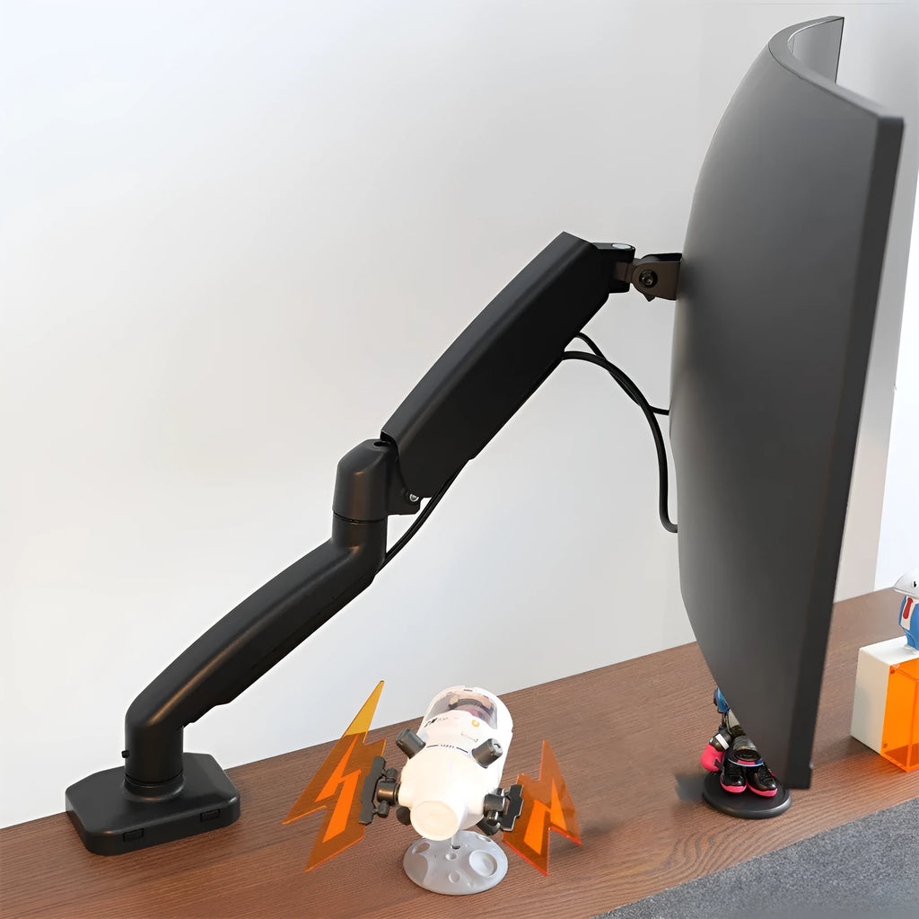 Black rotating telescopic LCD screen bracket showing height adjustment and rotation functions