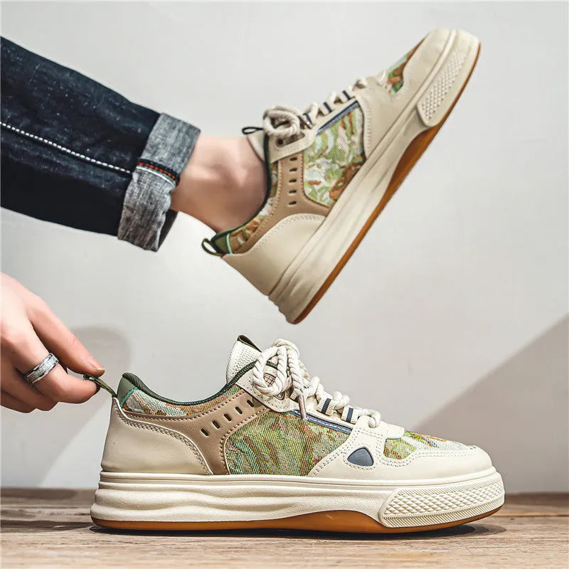 Canvas tide shoes in Milan green and beige with flat heels and round toe for summer wear