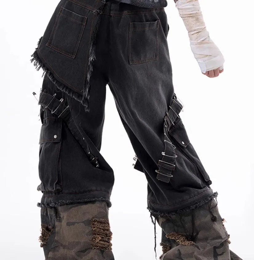 Men's grey camouflage jeans with structural splicing and pin/ribbon details on cotton denim fabric