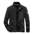 Men's grey thickening fleece cardigan jacket with zipped pockets, shown on a model.