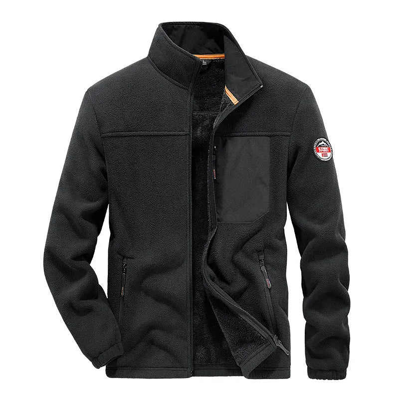 Men's grey thickening fleece cardigan jacket with zipped pockets, shown on a model.