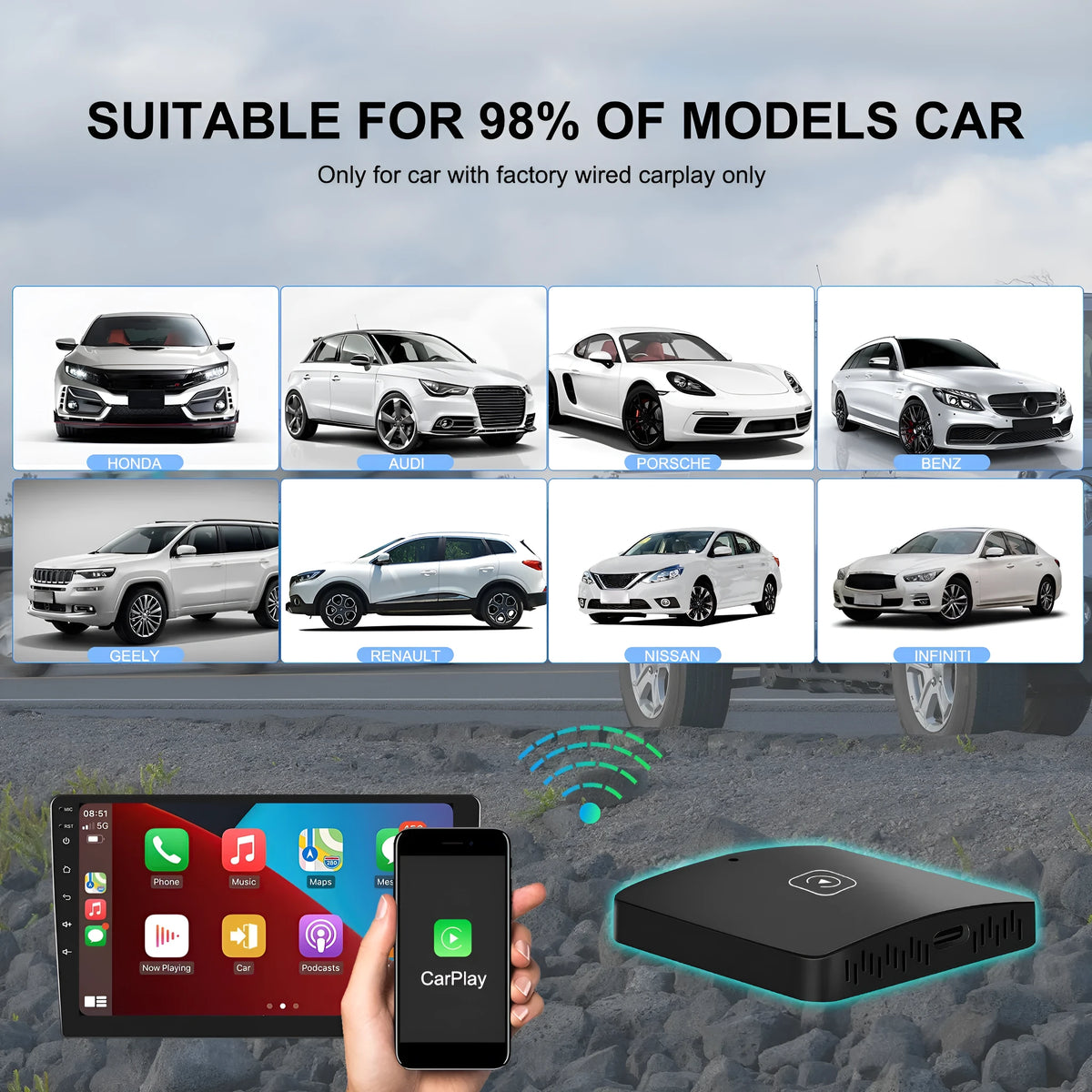 Black metal wireless CarPlay converter module with cables for car head unit installation