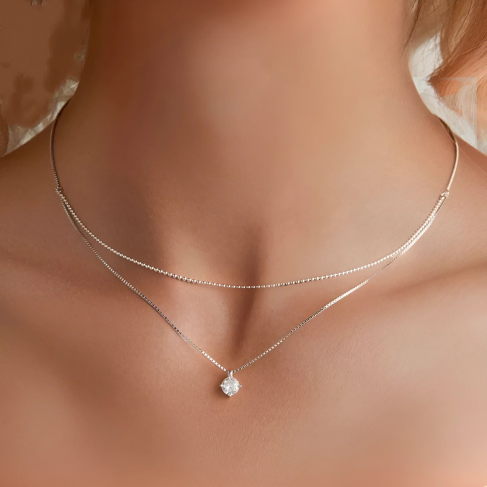 S925 sterling silver double-layer necklace with pearl chain in silver colour.