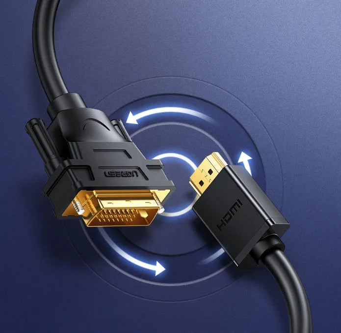 HDMI to HDMI cable with rotating connector available in 1m, 1.5m, 2m, and 3m lengths on a green background.