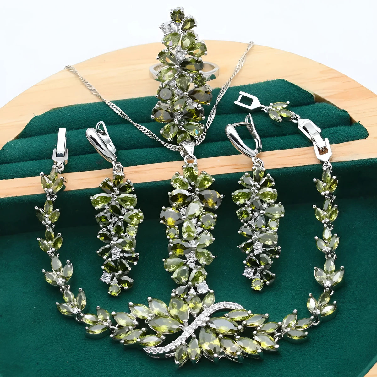 Retro floral jewellery set with alloy pendant, copper-zircon detailing in olive green, purple and multicolour options