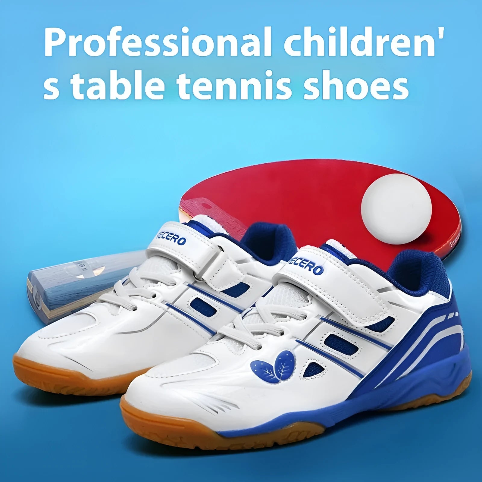 White and blue casual badminton shoes with ribbed sole and breathable PVC upper.
