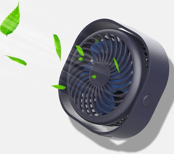 USB-powered desktop fan with alarm clock style in blue, pink, green, or white, showing 360-degree rotation.