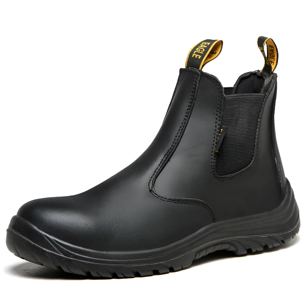 Black leather safety work boots with a high-top design and steel toe cap on a white background.