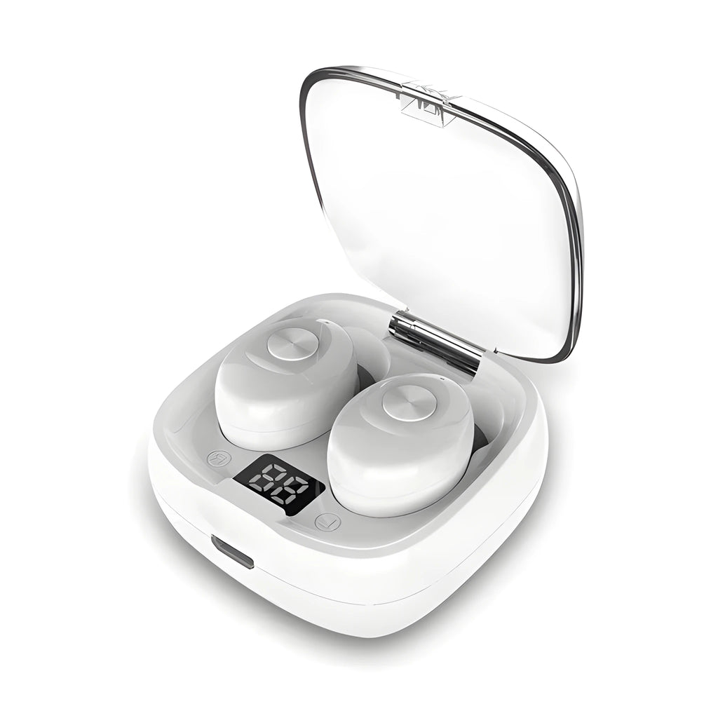 Mini wireless Bluetooth earbuds in Black, Pink, and White with 15mm driver, 10m range, and 4-hour playtime.