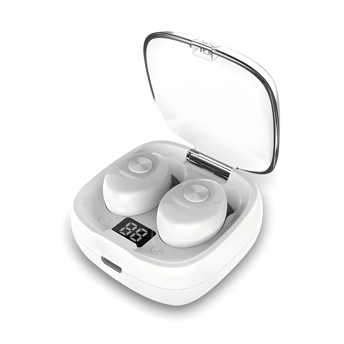 Mini wireless Bluetooth earbuds in Black, Pink, and White with 15mm driver, 10m range, and 4-hour playtime.