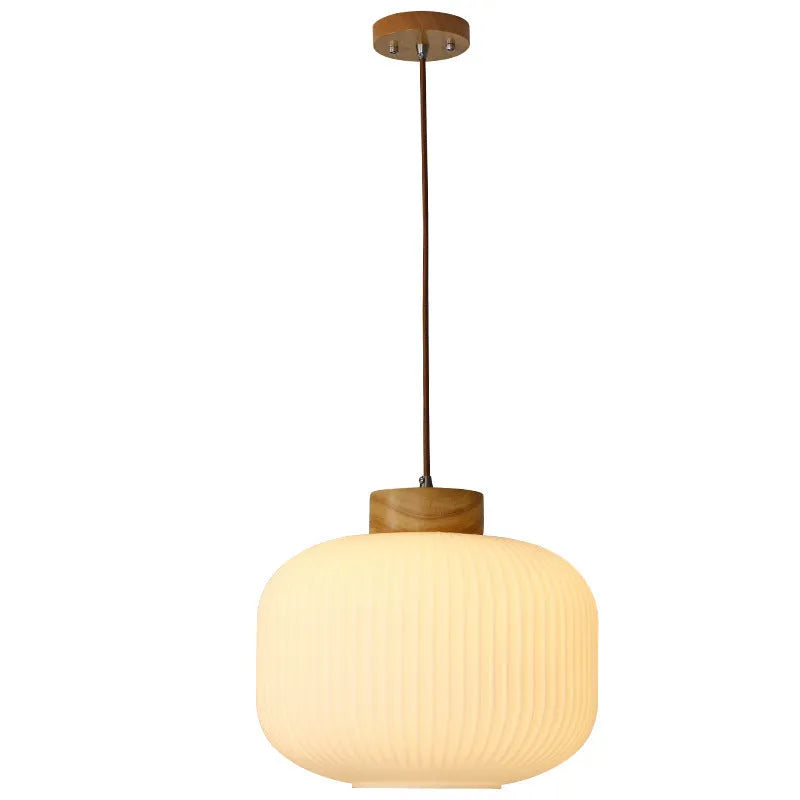 Nordic style retro wooden pendant ceiling light chandelier showing three size and light colour options.
