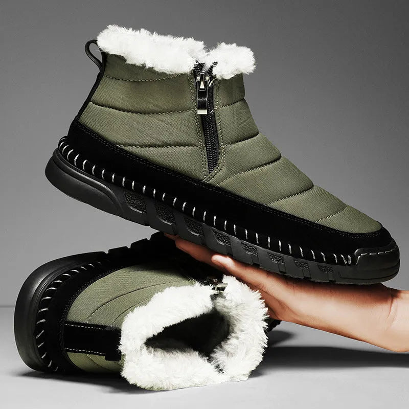 Men's plus size snow boots in black with round toe, flat heel, and non-slip rubber sole