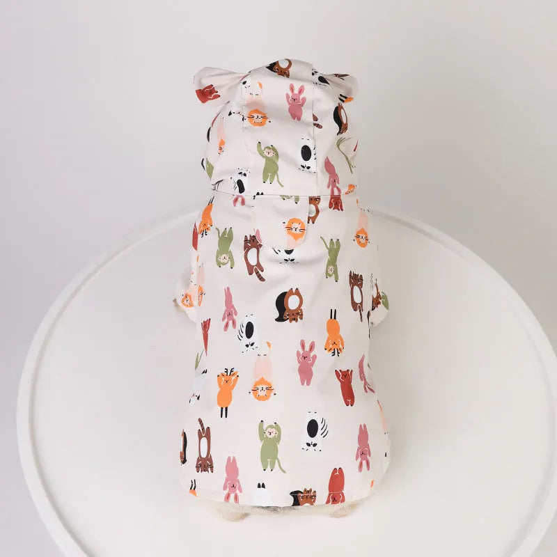 Beige cartoon dog raincoat with animal design and waterproof PU coating