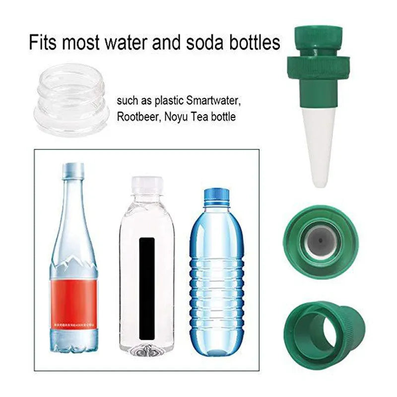 Green ceramic automatic plant watering dripper designed for use with a cola bottle.