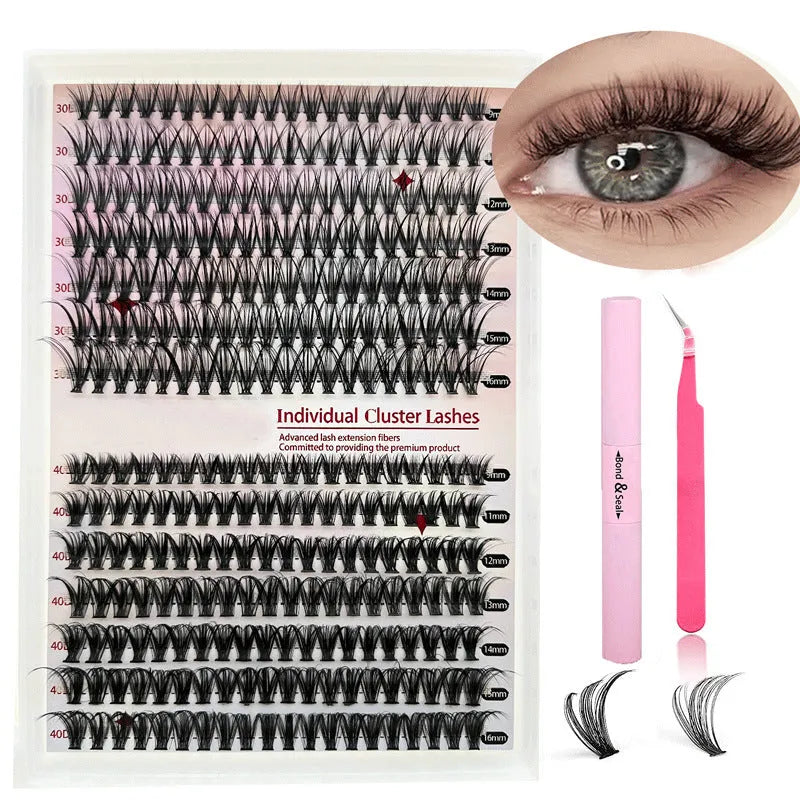 DIY cluster false eyelashes kit with 30D and 40D high-grade fibre lashes 9-16mm including tweezers