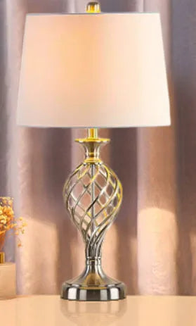 European style alloy touch sensing bedside table lamp with dimmable cold and warm light and a USB charging socket.