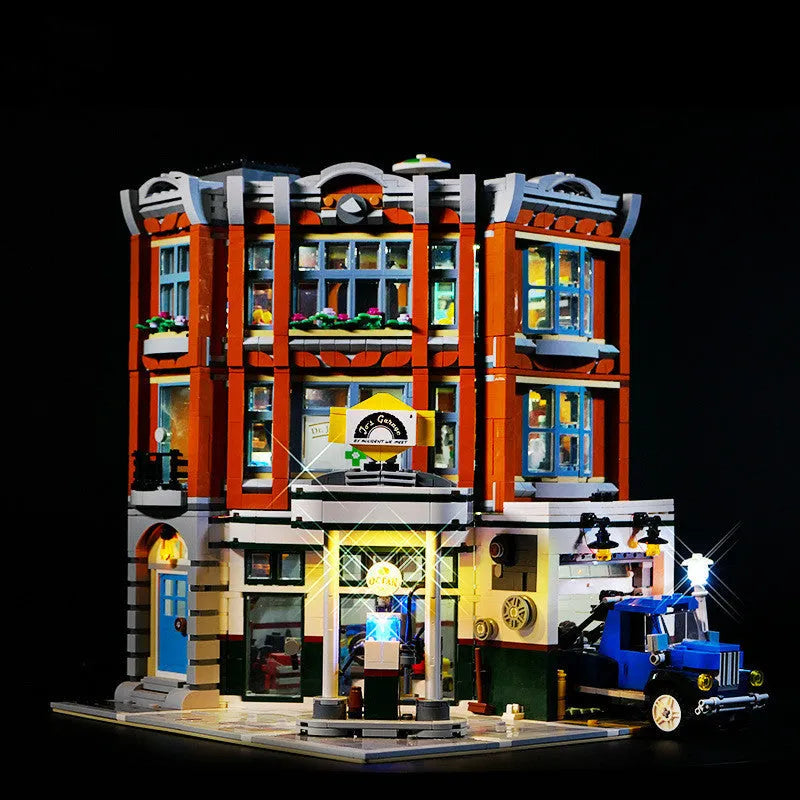 Plastic LED lighting accessories for MOC model building in corner repair shop configuration