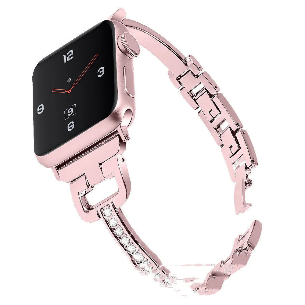 D-shaped metal Apple Watch strap with diamond accents in six colour options
