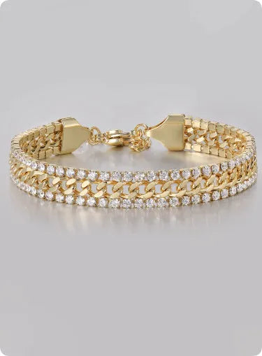 Gold plated tennis bracelet with stone inlay details on titanium steel base for unisex wear