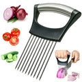 Stainless steel onion and tomato slicer holder with ABS handle on a kitchen worktop