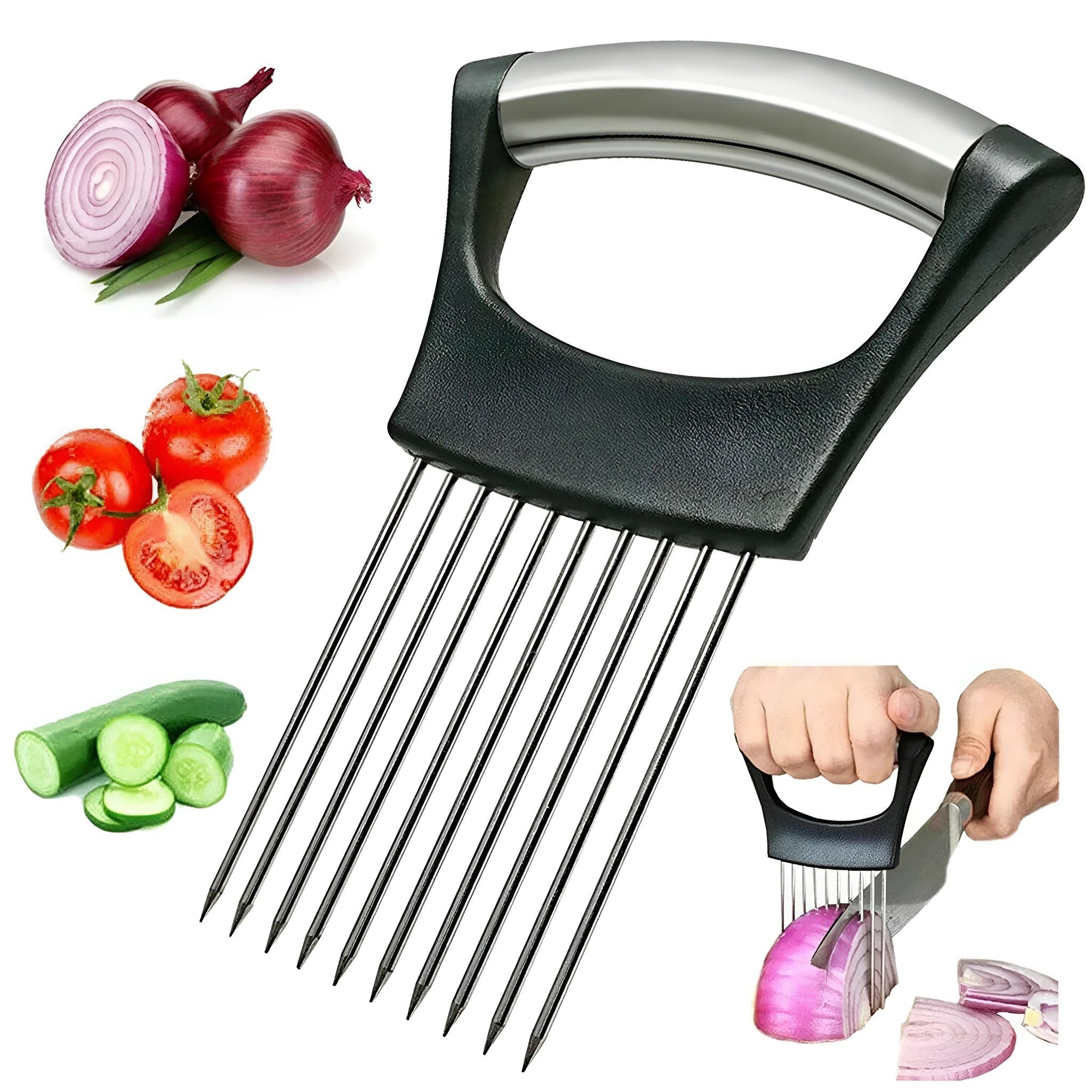 Stainless steel onion and tomato slicer holder with ABS handle on a kitchen worktop