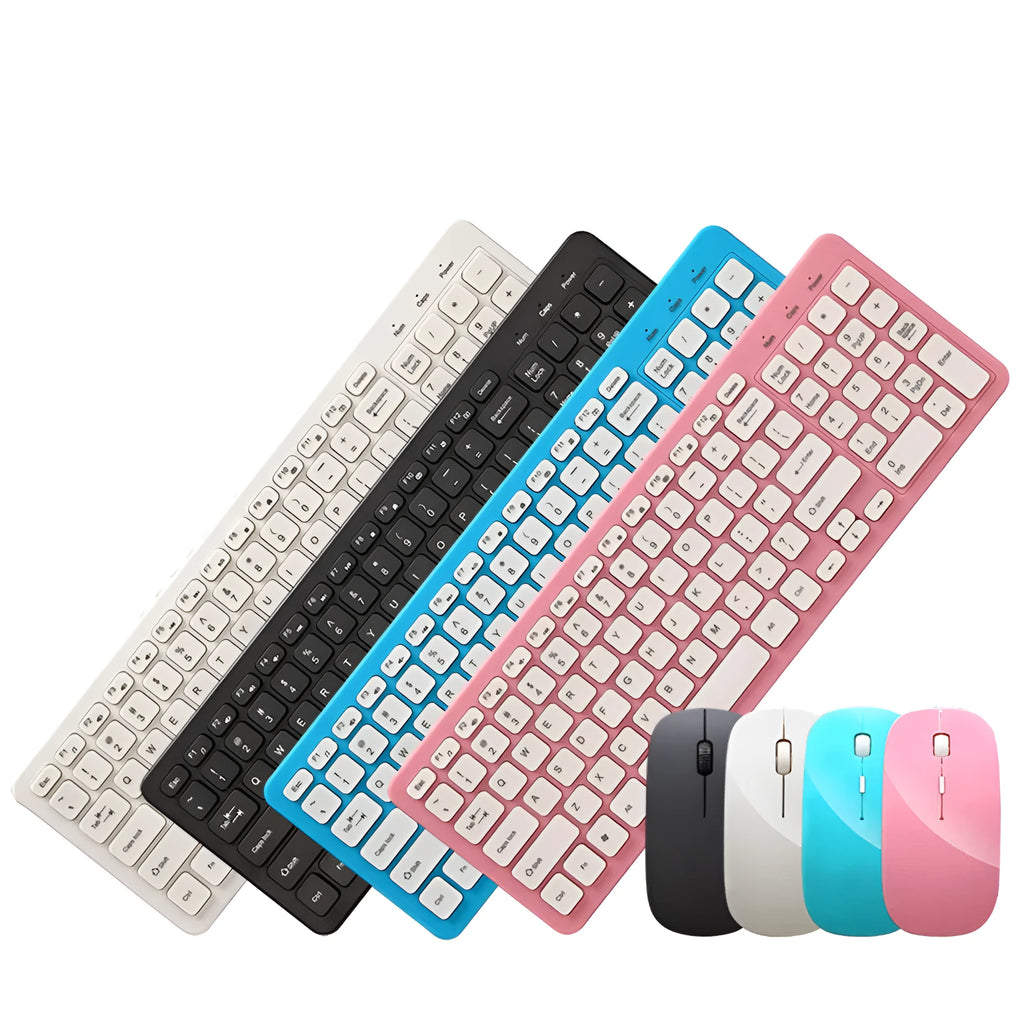 Black wireless keyboard and mouse set with full 96-key layout and USB receiver on a desk