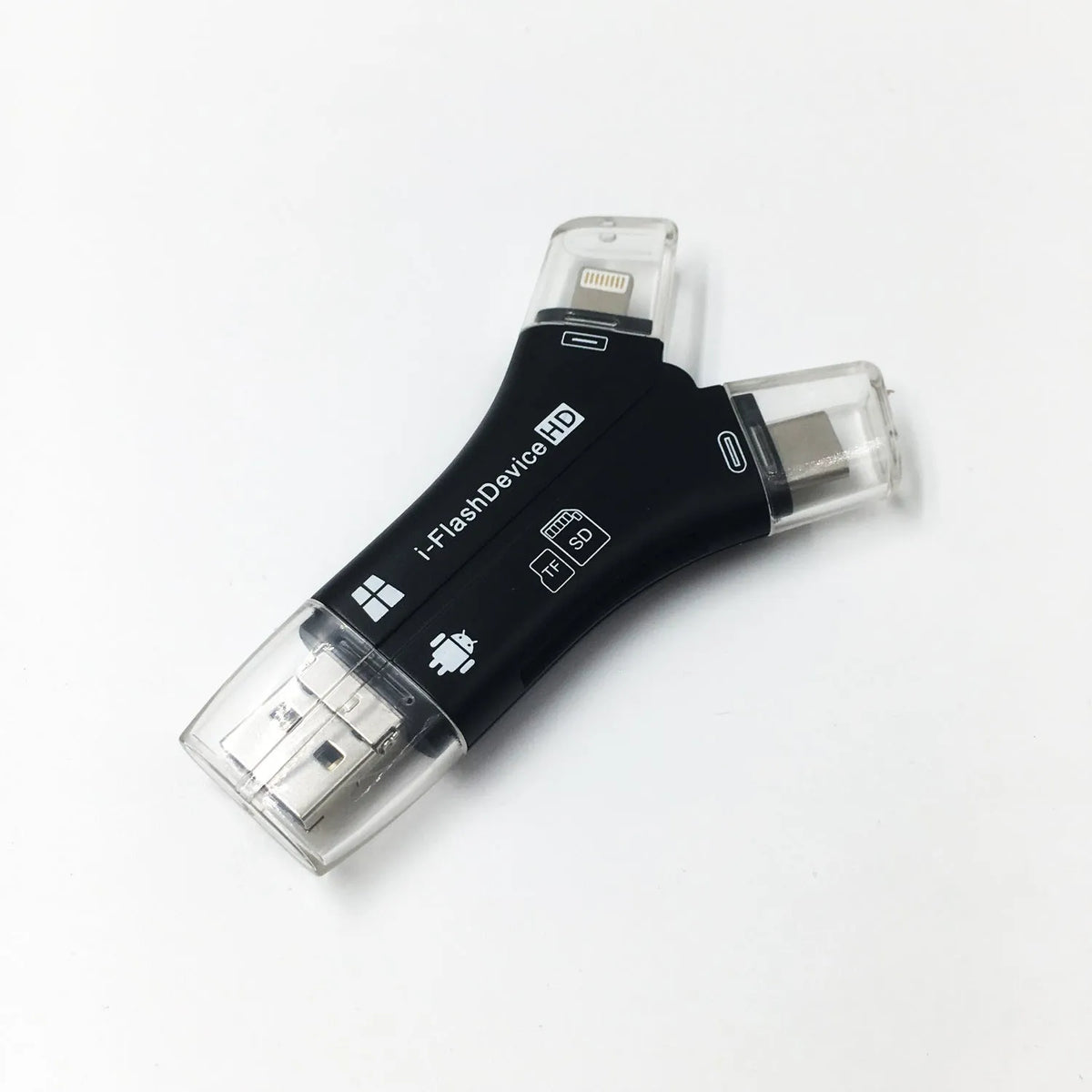 White 4-in-1 mobile phone card reader for Apple iPhone and Android devices with SD and MicroSD slots