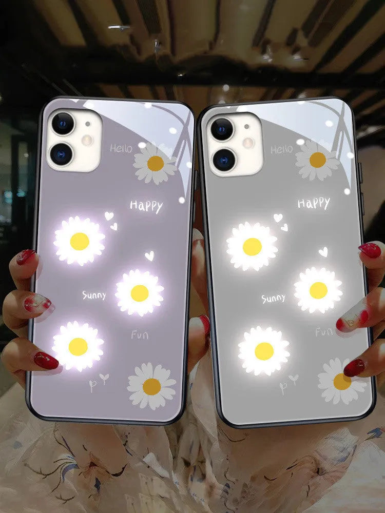 iPhone case with TPU protective shell showing daisy painted design and voice-activated colour light feature