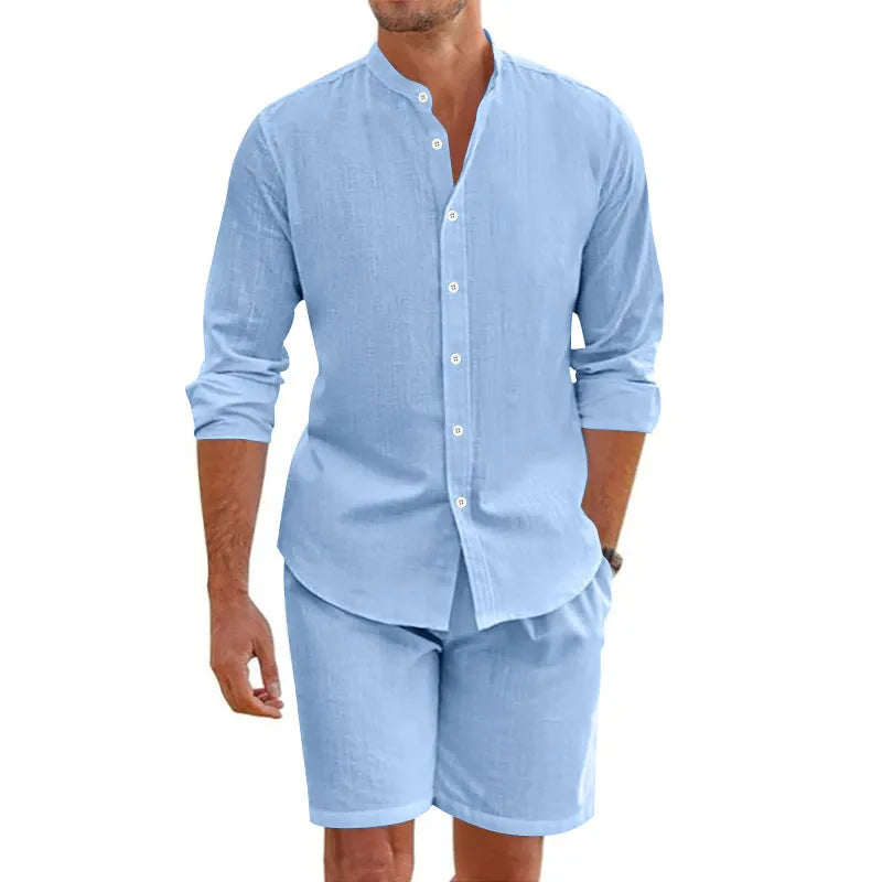 Men's dark grey short sleeve shirt and matching drawstring shorts summer suit set