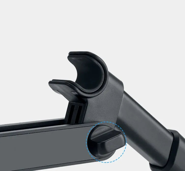 Black universal car phone holder mounted on a rear car seat, holding a tablet for navigation.