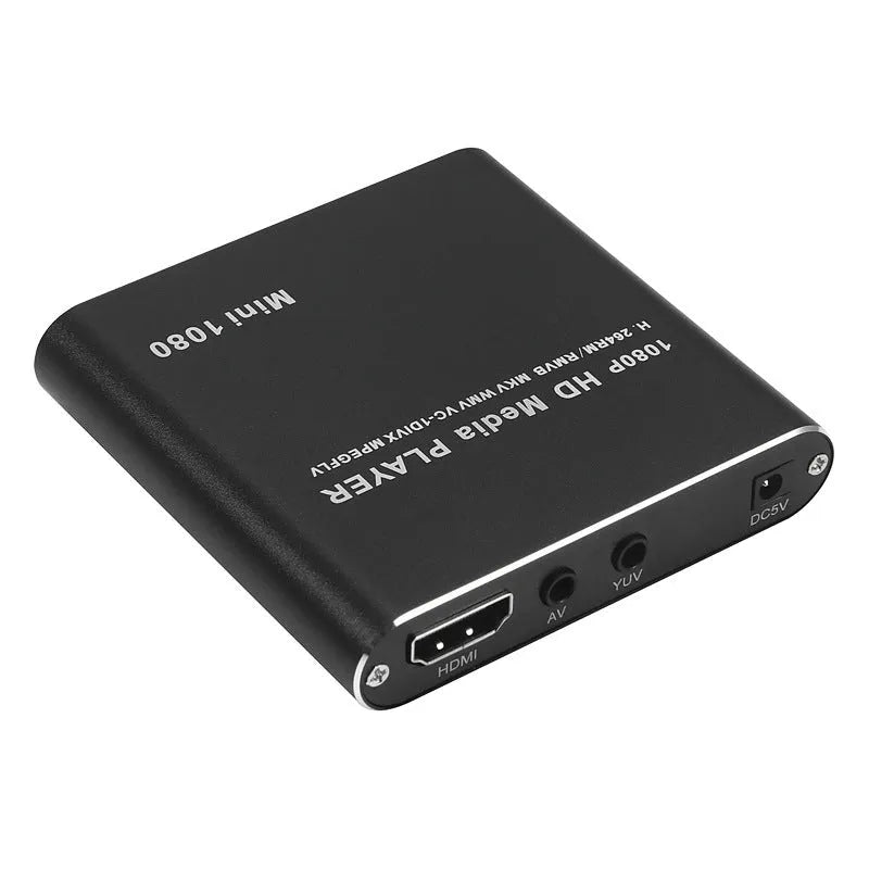 Blue and black 1080p Full HD media player with HDMI port for SD card and USB playback