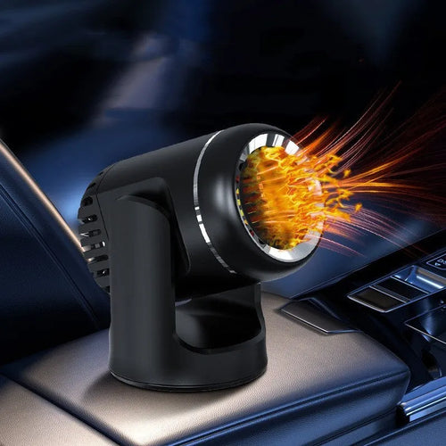 Black and white 12V car heater defroster with compact ABS plastic housing and power cord